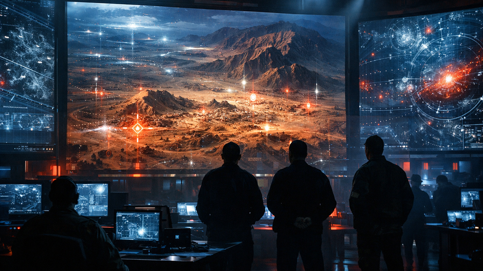 Moderné vojenské veliteľské centrum s veľkými obrazovkami analyzujúcimi dáta pomocou umelej inteligencie.