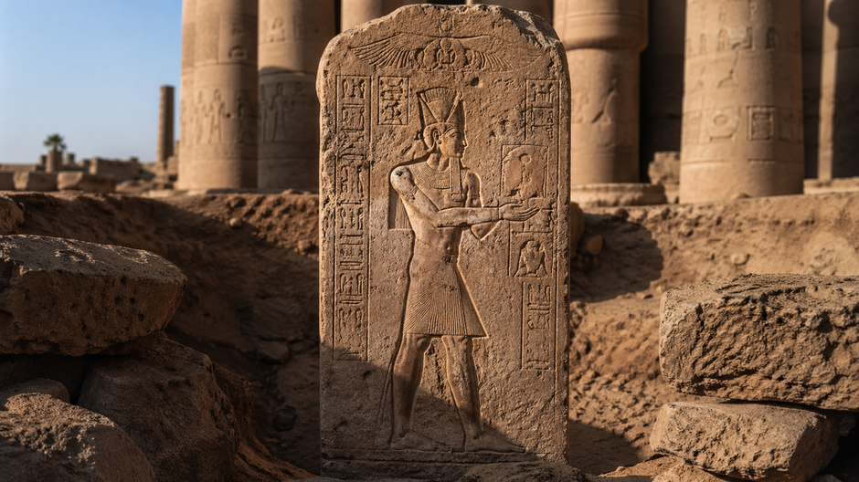 Pieskovcová stéla z Karnaku zobrazuje rímskeho cisára Tiberia ako egyptského faraóna pred bohmi.