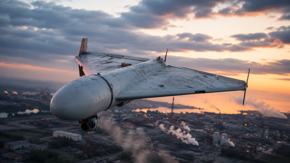 Útočný dron typu Šáhid vybavený modernými senzormi počas letu nad krajinou.