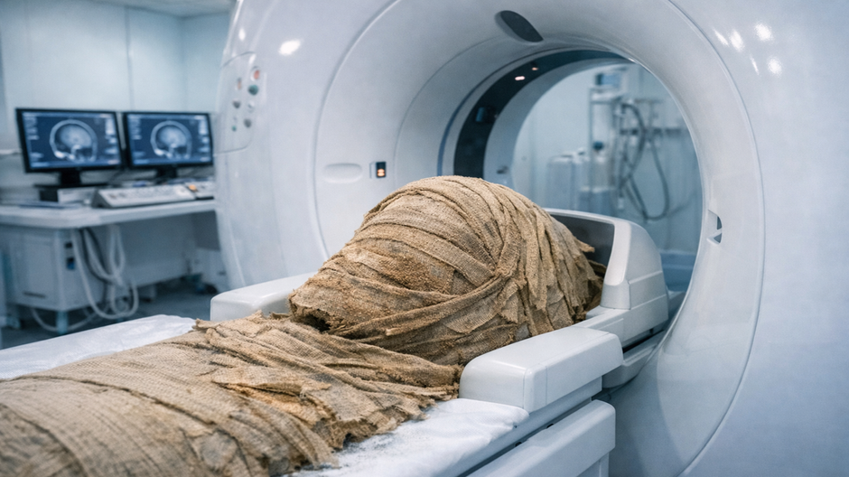 Hlava múmie položená v CT prístroji