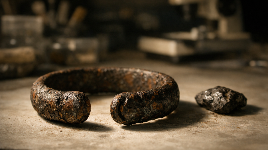 Staroveký železný artefakt z doby bronzovej nasvietený v laboratóriu, vedľa neho rozmazaný fragment meteoritu.