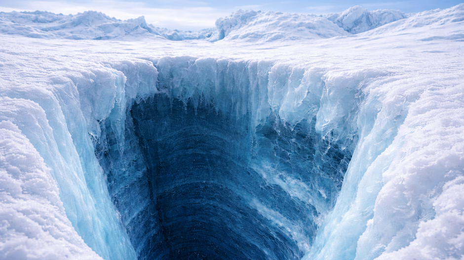 Pohľad do hlbokej ľadovej trhliny v Antarktíde s viditeľnými vrstvami starovekého ľadu, ktoré dokumentujú dlhodobý vývoj klímy Zeme.