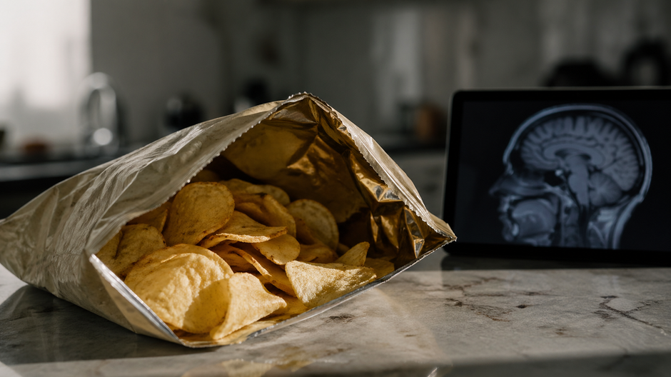 Otvorený balík čipsov na kuchynskom stole vedľa tabletu so snímkou mozgu symbolizuje vplyv ultra-spracovaných potravín na pozornosť.