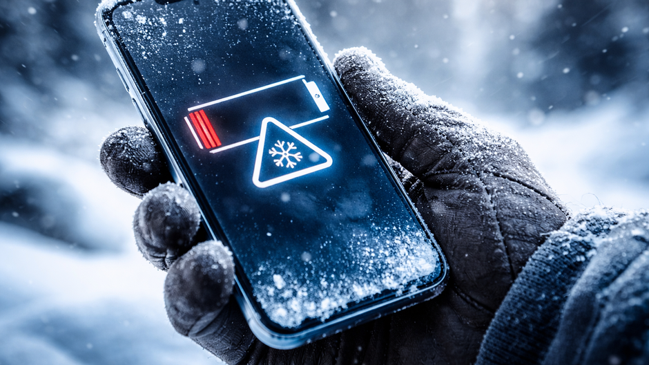 Smartfón držaný v ruke v mrazivom prostredí, pokrytý námrazou, s viditeľným poklesom batérie spôsobeným nízkou teplotou.