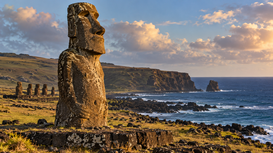 Ilustrácia kamennej sochy moai na pobrežnej plošine na ostrove Rapa Nui s Tichým oceánom v pozadí.