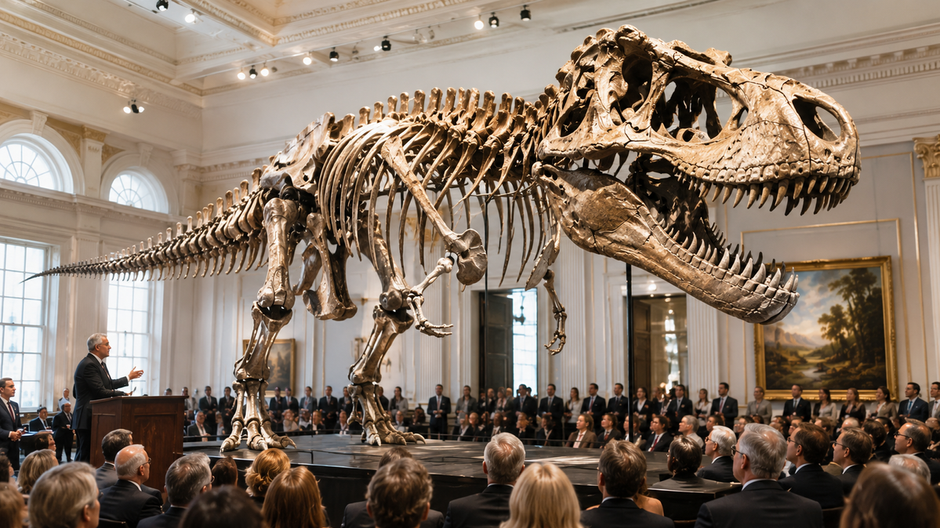 Takmer kompletná kostra Tyrannosaura rexa Gus vystavená pred aukciou v New Yorku.