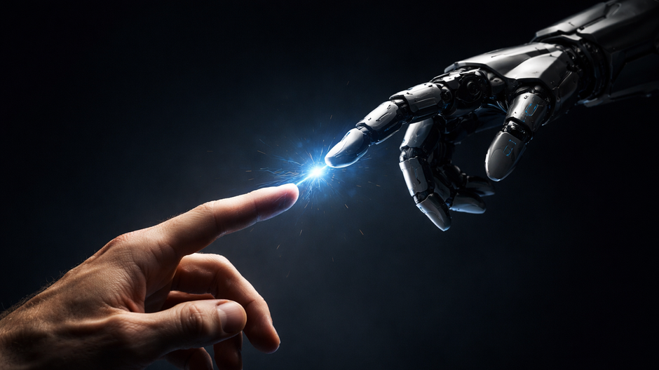 Detail ľudskej ruky a robotickej ruky s natiahnutými ukazovákmi, ktoré sa takmer dotýkajú, medzi nimi jemná modrá elektrická iskra na tmavom minimalistickom pozadí s dramatickým osvetlením.
