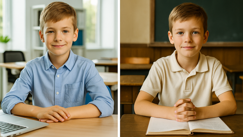 Dvaja rovnakí chlapci – dvojčatá – sedia v odlišných triedach, jeden v modernej škole s technológiami, druhý v starej triede s tabuľou a lavicami.