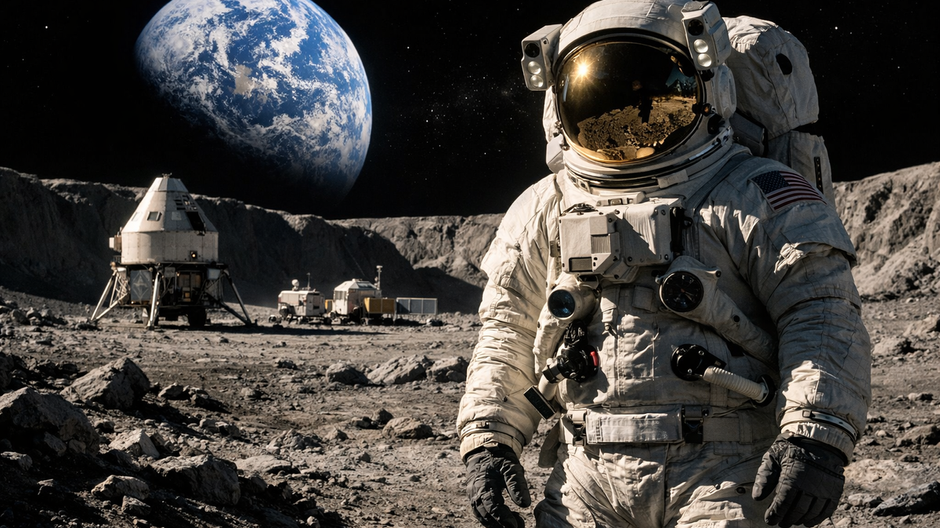 Astronaut NASA na povrchu Mesiaca pri lunárnej technike, zatiaľ čo nad horizontom svieti Zem.