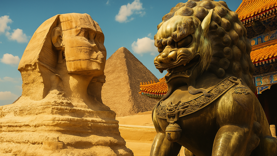Digitálna kompozícia zobrazujúca Sfingu a čínskeho kamenného leva vedľa seba v jednom surrealistickom priestore.