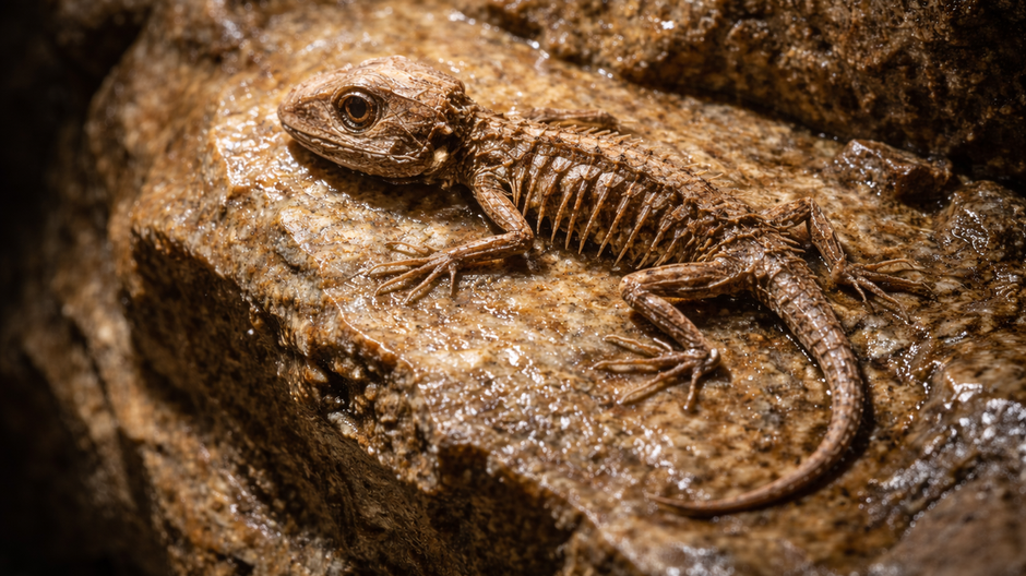 Drobnej fosílii starého plaza v tmavej jaskyni osvetľuje bokom dramatické svetlo, ktoré zvýrazňuje kožu a rebrá.
