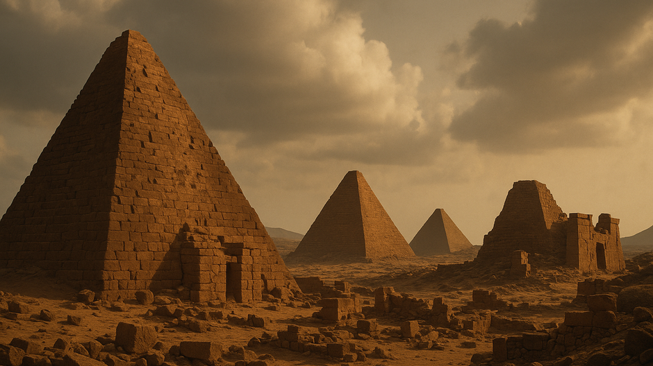 Pohľad na malé pyramídové hrobky v oblasti Tombos v Sudáne počas zlatého svetla, evokujúci starovekú núbijskú architektúru.