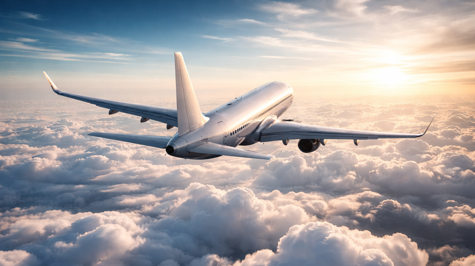 Dopravné lietadlo letiace vo veľkej výške nad vrstvou oblakov počas cestovnej fázy letu