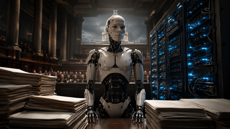 Humanoidný robot pred servermi a dokumentmi symbolizujúcimi reguláciu umelej inteligencie.