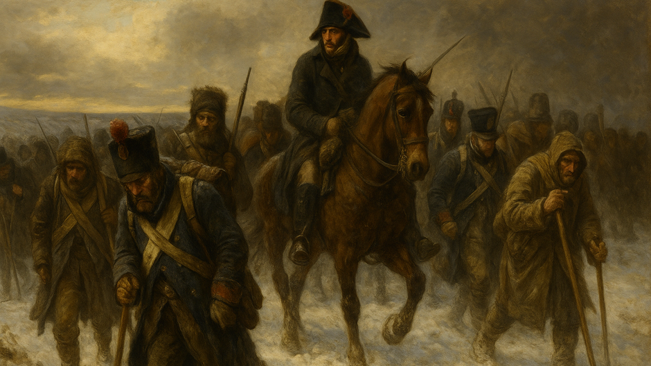 Historická maľba zobrazujúca vyčerpaných napoleonských vojakov počas ústupu z Ruska v roku 1812, kráčajúcich v snehu a mraze, s dramatickou zimnou oblohou v pozadí.