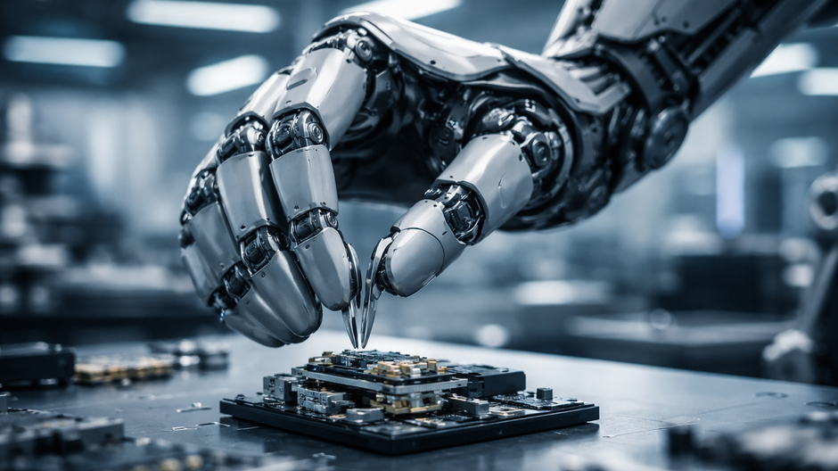 Detailný záber pokročilej humanoidnej robotickej ruky s viditeľnými kĺbmi a mechanickými prvkami, ktorá v modernom laboratóriu s vysokou presnosťou zostavuje malý elektronický komponent na pracovnom stole.