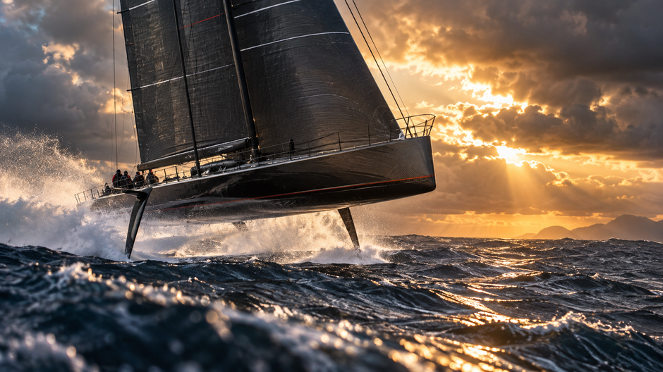 Oceánska plachetnica Ferrari Hypersail zdvihnutá na hydrodynamických krídlach nad hladinou mora.