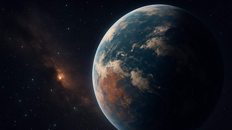 Artistic rendering of the exoplanet K2-18b with water clouds and a red dwarf star in the background, based on James Webb Telescope observations.