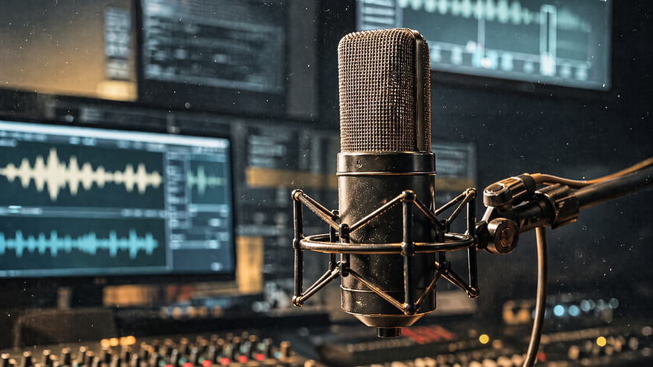 Nahrávacie štúdio s mikrofónom a obrazovkami zobrazujúcimi zvukové vlny, ktoré symbolizujú nástup AI hudby.