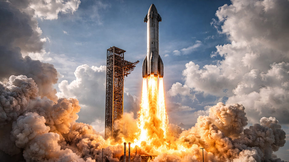 Raketa SpaceX Starship pri štarte z rampy s plameňmi a dymom počas testovacieho letu