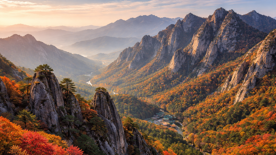 Fotorealistický pohľad na horské vrchy v Južnej Kórei s dramatickými skalami, jesenným lesom v oranžových a červených farbách a tradičným chrámom v údolí, osvetlené teplým ranným svetlom.