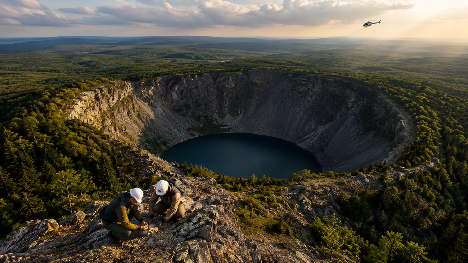 Letecký pohľad na kruhový meteoritický kráter ukrytý v lesoch kanadského Quebecu.