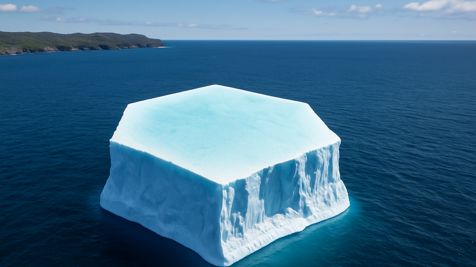 Vzdušný pohľad na bizarný, geometricky tvarovaný ľadovec v severnom Atlantiku pri pobreží Kanady