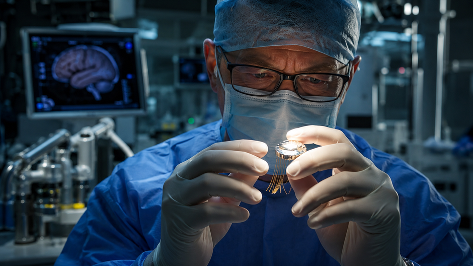 Fotorealistický pohľad na moderný mozgový implantát skúmaný vedcami v špičkovom laboratóriu.