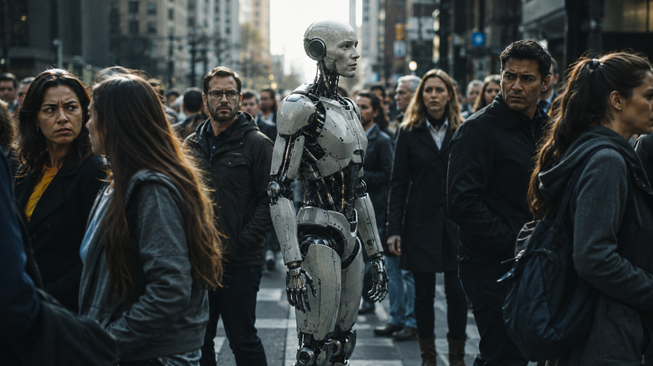 Humanoidný robot stojí uprostred davu ľudí na rušnej ulici, zatiaľ čo okoloidúci sa naň pozerajú s neistotou.