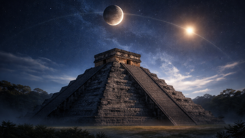 Mayská pyramída pod nočnou oblohou so zatmením Mesiaca a naznačenými dráhami nebeských telies