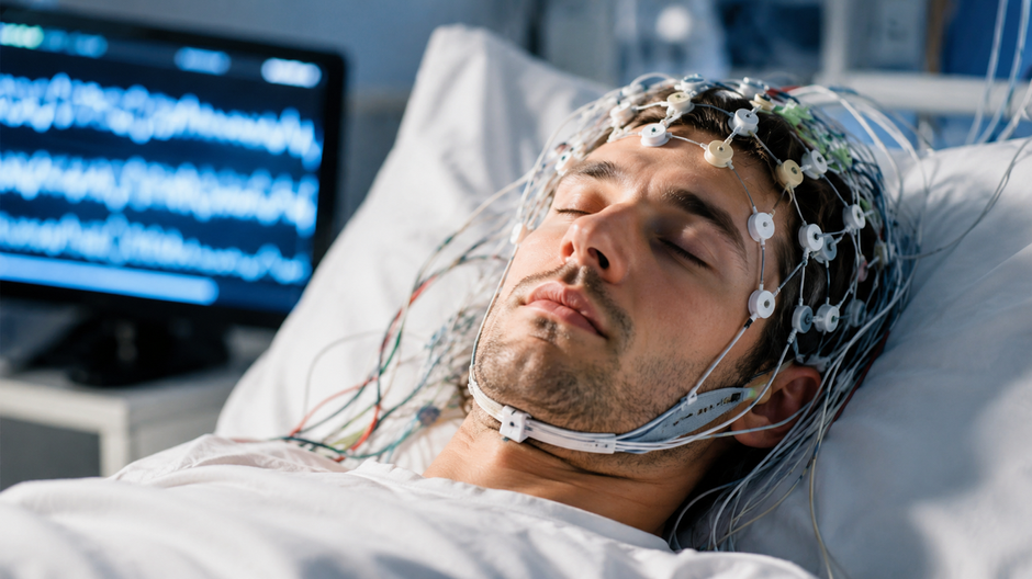 Spiaci účastník výskumu s EEG čiapkou v tmavom laboratóriu počas merania mozgových vĺn.
