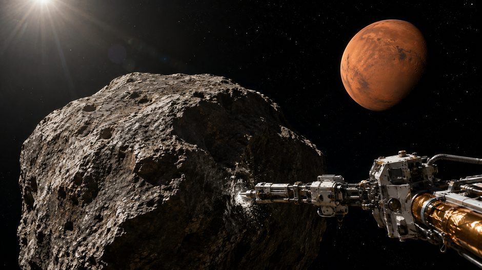 Robotická sonda skúma asteroid s planétou Mars v pozadí.