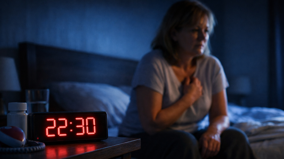Muž sedí večer na posteli vedľa svietiaceho digitálneho budíka, ktorý symbolizuje pravidelný čas spánku a jeho vplyv na zdravie srdca.