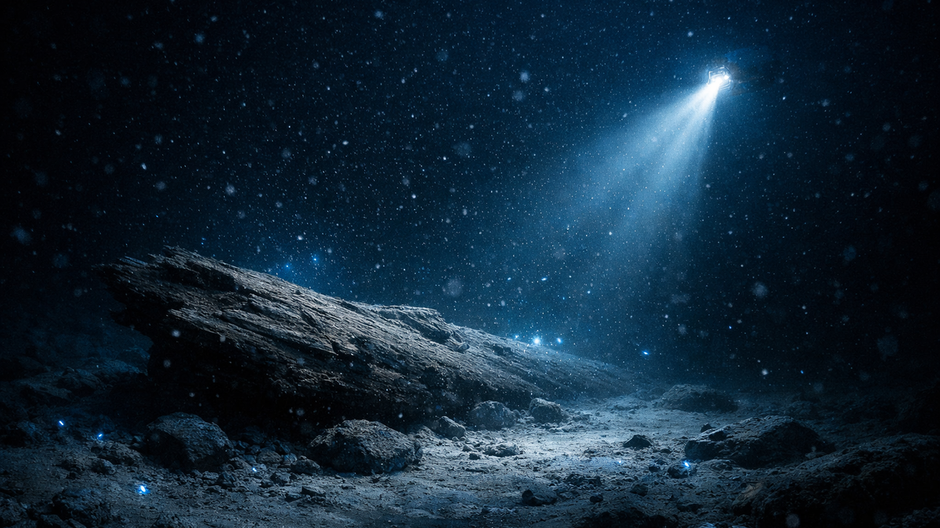 Fotorealistický pohľad na hlbokomorské dno v extrémnej hĺbke s potopeným drevom, sedimentom a slabým svetlom ponorky v temnote oceánu.