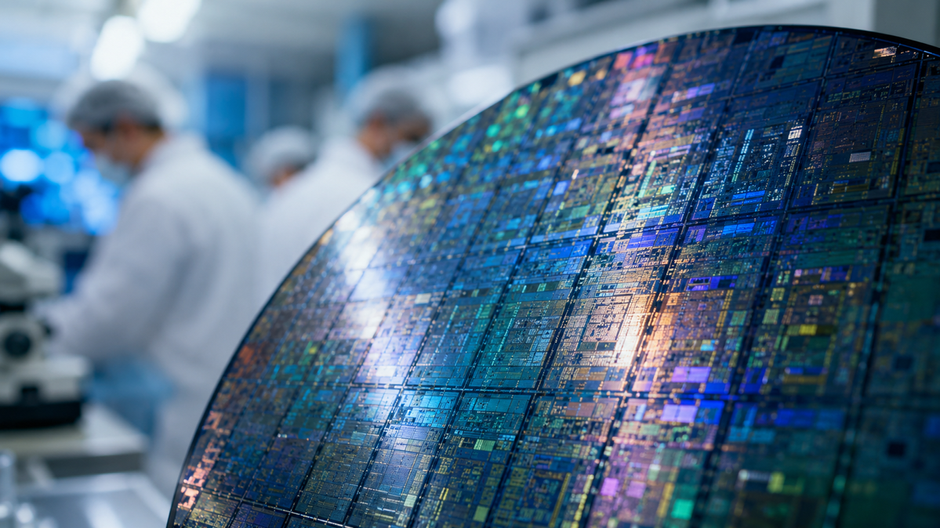 Fotorealistický záber polovodičového waferu v laboratóriu, ktorý symbolizuje využitie umelej inteligencie pri vývoji nových čipových materiálov.