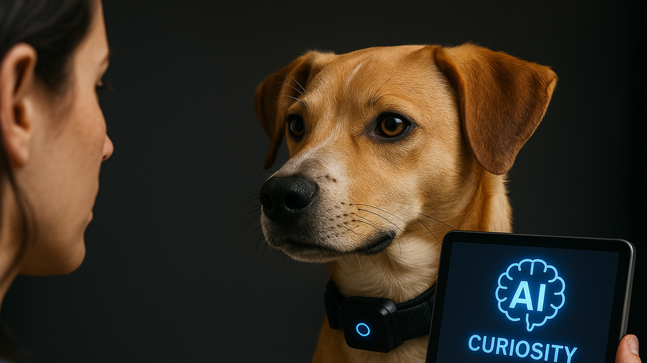 Pes s AI zariadením na obojku sleduje človeka, zatiaľ čo obrazovka zobrazuje interpretáciu jeho signálov ako „zvedavosť“.