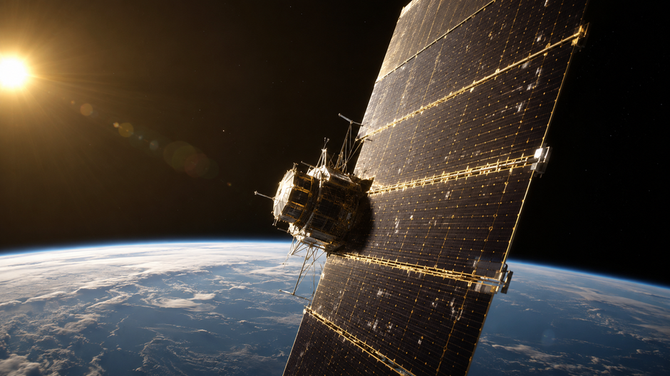Obrovský solárny satelit na orbite nad Zemou zachytáva slnečné žiarenie vo vesmíre.