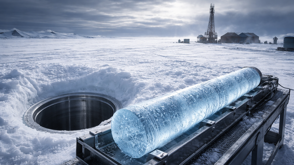 Antarktická vŕtacia lokalita s kovovým otvorom v hrubej vrstve ľadu a dlhým modrým ľadovým jadrom s viditeľnými vzduchovými bublinami uloženým na kovovom stojane, nekonečný ľadový šelf a dramatická polárna obloha v pozadí.