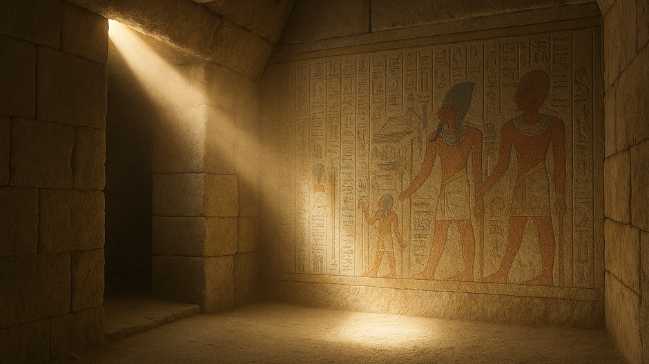 Lúč svetla vnútri egyptskej pyramídy odhaľuje skryté hieroglyfy a staroveké obrazy na kamenných stenách.