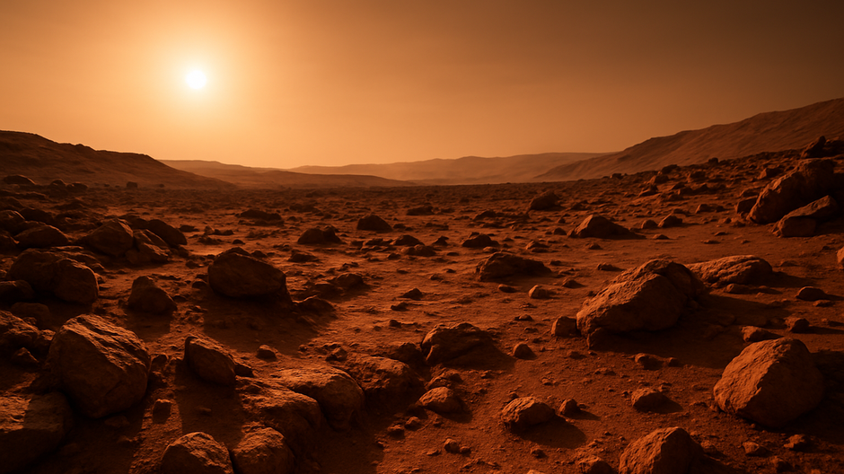 Fotorealistický záber na skalnatú krajinu Marsu v oranžovom svetle s ostrými tieňmi a vzdialenými pahorkami v pozadí.