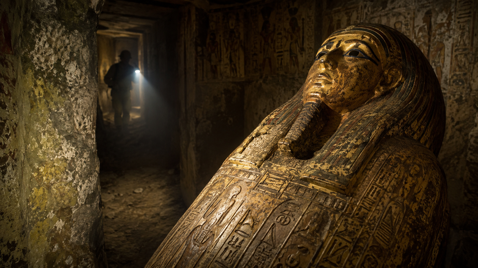 Staroveký egyptský sarkofág v tmavej hrobke, kde sa mohli nachádzať nebezpečné plesne spájané s legendou o kliatbe múmie.