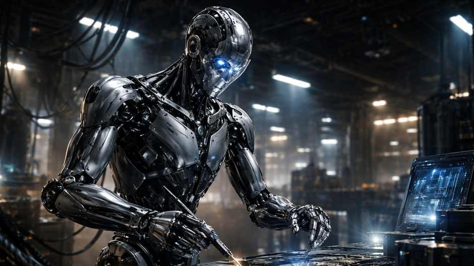 Humanoidný robot s pokročilou umelou inteligenciou pracuje v modernom priemyselnom prostredí.