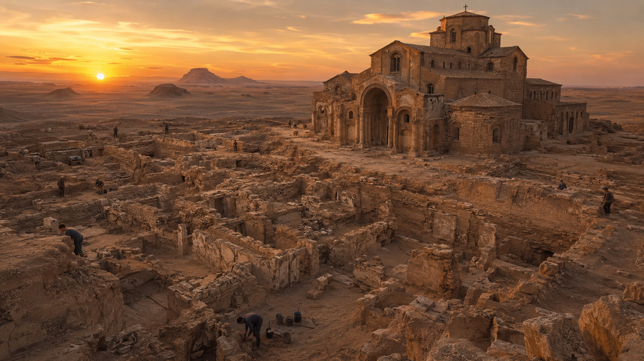 Odkryté ruiny byzantského mesta s bazilikou uprostred egyptskej púšte počas archeologických vykopávok.