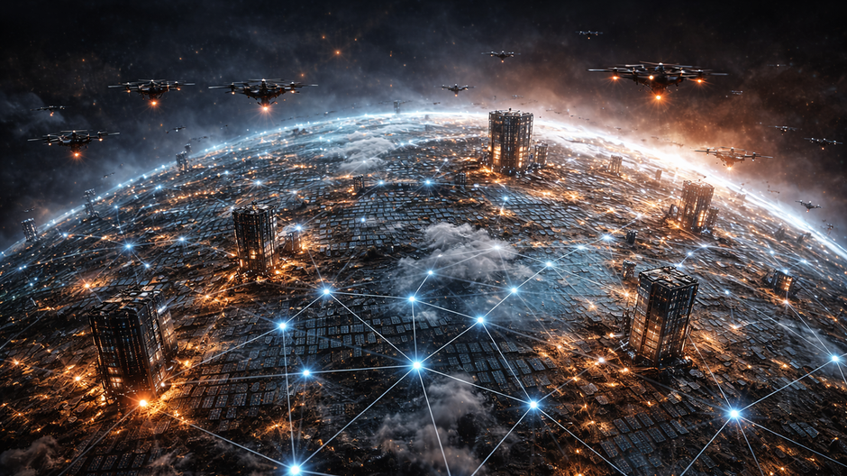 Zem obalená sieťou dátových centier a autonómnych dronov ako symbol nekontrolovanej umelej inteligencie