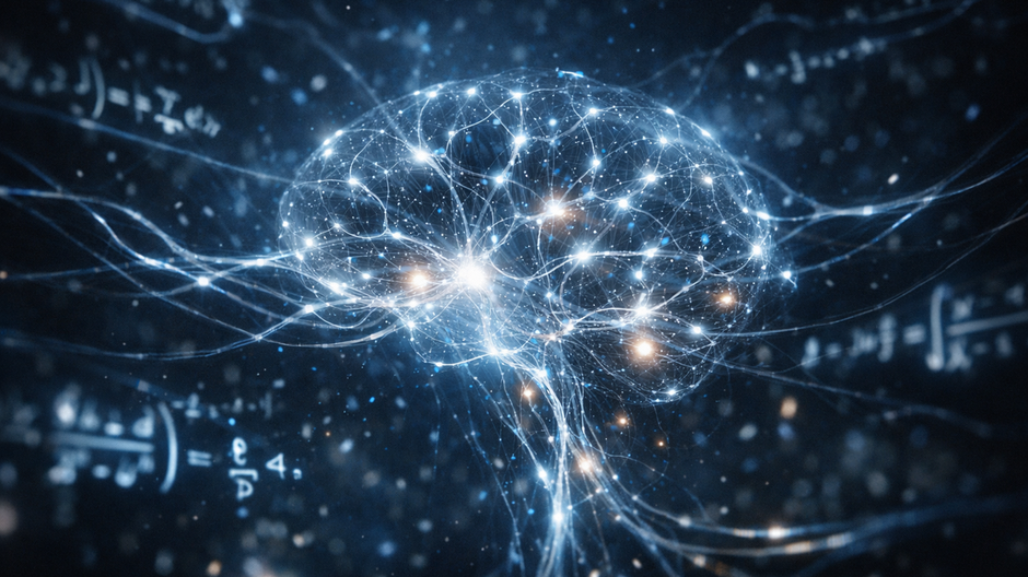 Abstraktná neurónová sieť umelej inteligencie obklopená žiariacimi matematickými rovnicami v tmavom futuristickom priestore, symbol prelomového výpočtového myslenia.