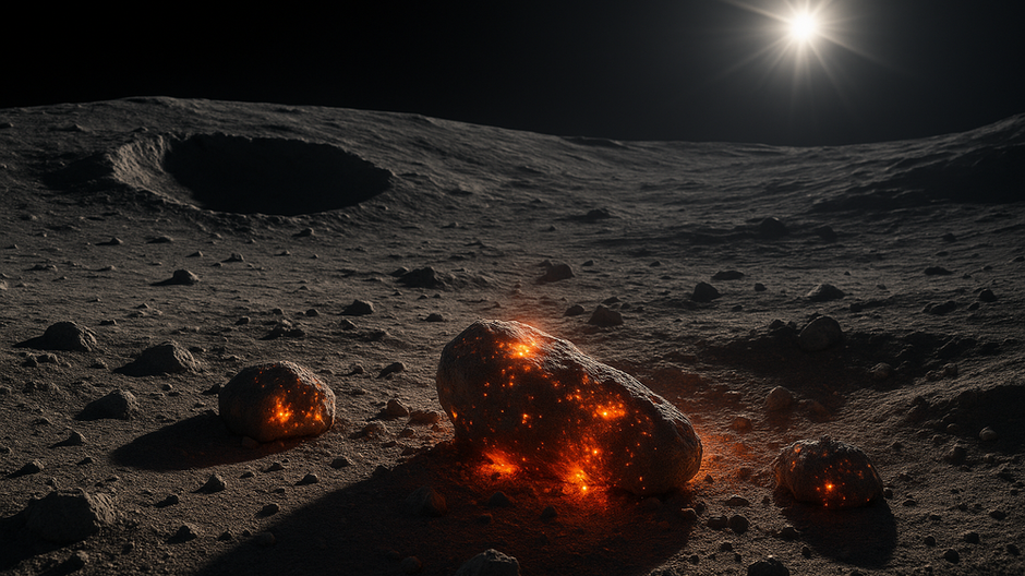 Mesačný povrch s meteoritovým kráterom a žeravými skalami so zvyškovým magnetizmom, osvetlený slnkom.