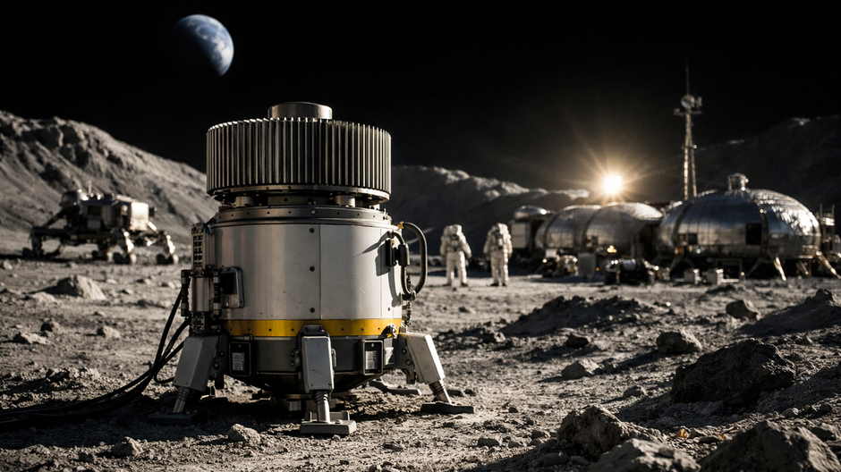 Fotorealistická lunárna základňa pri južnom póle Mesiaca s energetickým modulom a astronautmi v dokumentárnom štýle