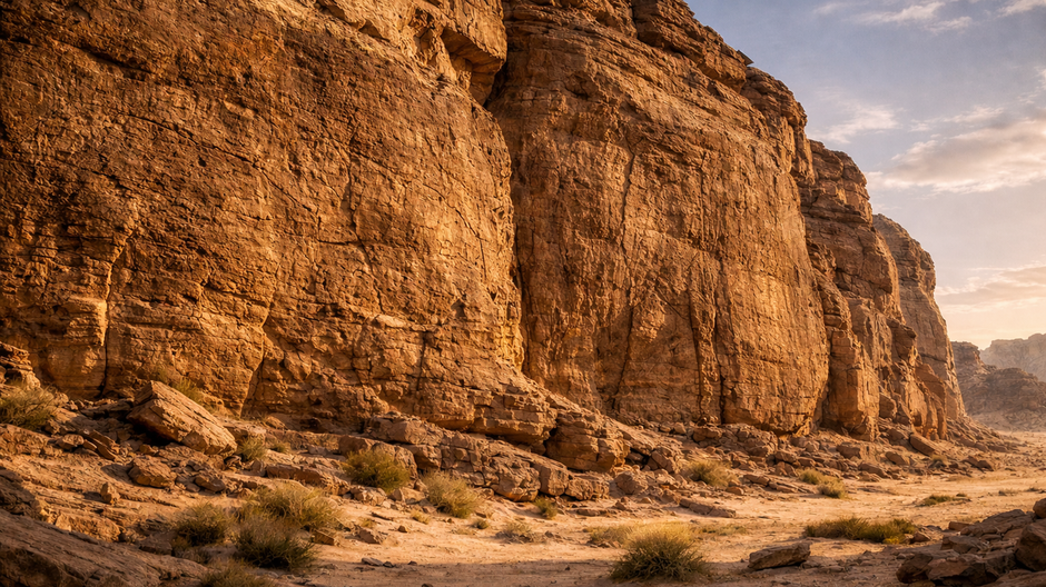 Fotorealistický širokouhlý pohľad na monumentálne pieskovcové útesy v púšti Nefud v Saudskej Arábii, s extrémnymi detailmi erózie horniny, dramatickým nízkym slnkom a suchou púštnou krajinou bez ľudí