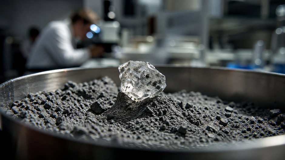 Drobné zrno lunárneho minerálu leží v mesačnom prachu skúmanom v laboratóriu po čínskej misii Chang’e-5.