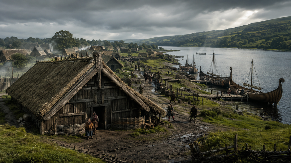 Rekonštrukcia rozsiahlej vikingskej dediny s drevenými domami a loďami pri rieke v stredovekom Írsku.